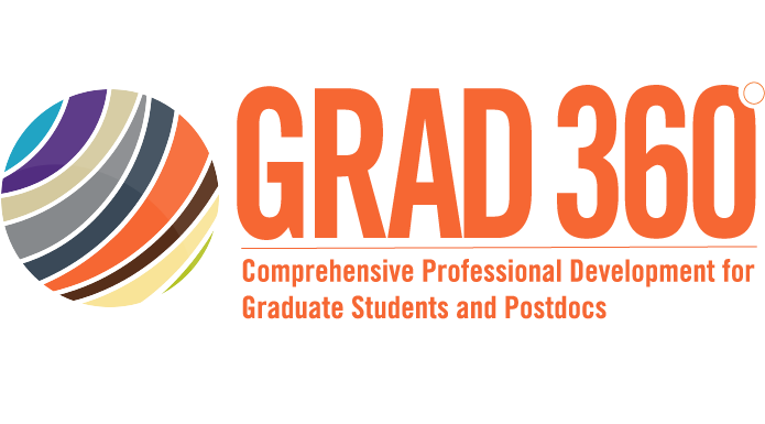 GRAD 360° logo with the Comprehensive Professional Development for Graduate Students and Postdocs in white.