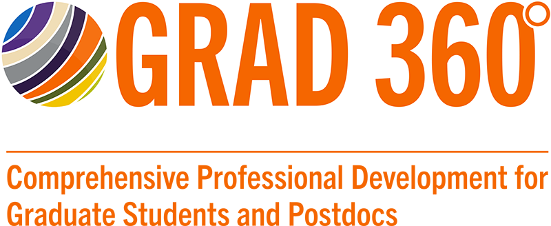 GRAD 360° logo with a multicolored striped sphere icon and large orange text above an orange bar.