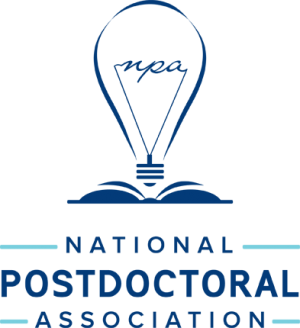National Postdoctoral Association logo with a stylized light bulb above an open book and the organization name below.