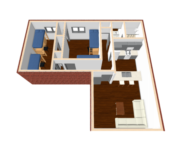 3D layout of a shared quad dorm room with four beds, desks, chairs, and built-in storage along the walls.