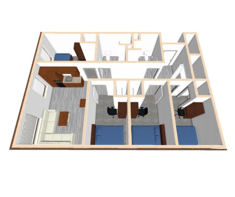 3D floor plan of a shared apartment with living, kitchenette, four single bedrooms, two bathrooms, storage, and laundry closet.