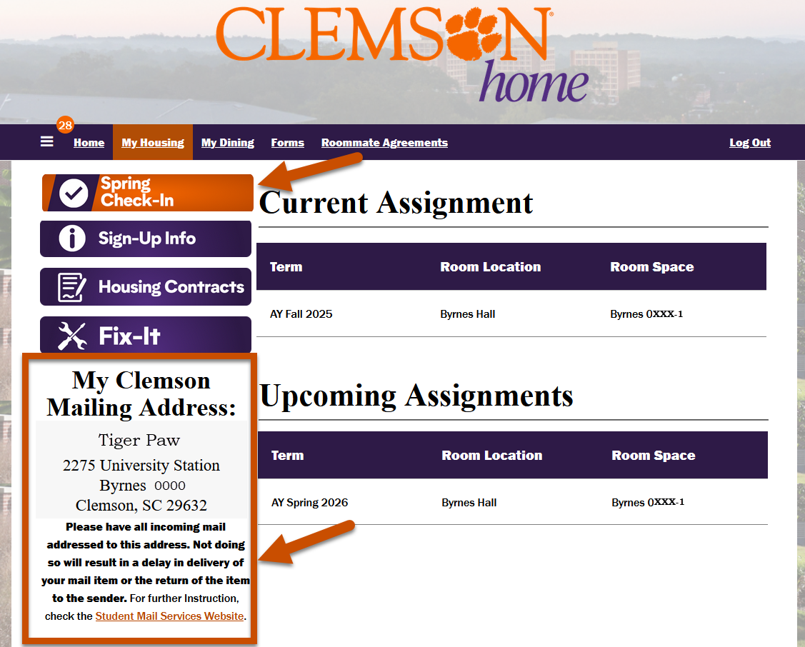 Portal image of where mailing address and self check in is located.
