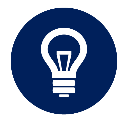 Dark blue circular icon with a white lightbulb symbol, representing an idea or information.