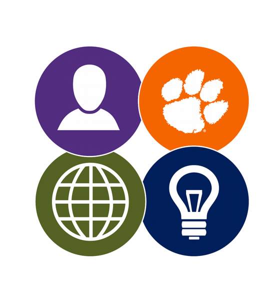 Four circular icons arranged in a square: a purple circle with a white person silhouette, an orange circle with a white Clemson paw print, a green circle with a white globe, and a navy circle with a white light bulb.