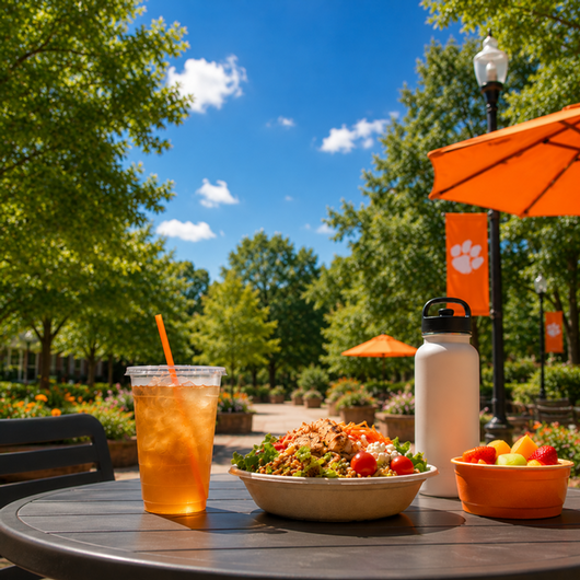 Summer dining on campus with a fresh meal, iced tea, fruit, water bottle, orange umbrellas, and Tillman Hall in the background.