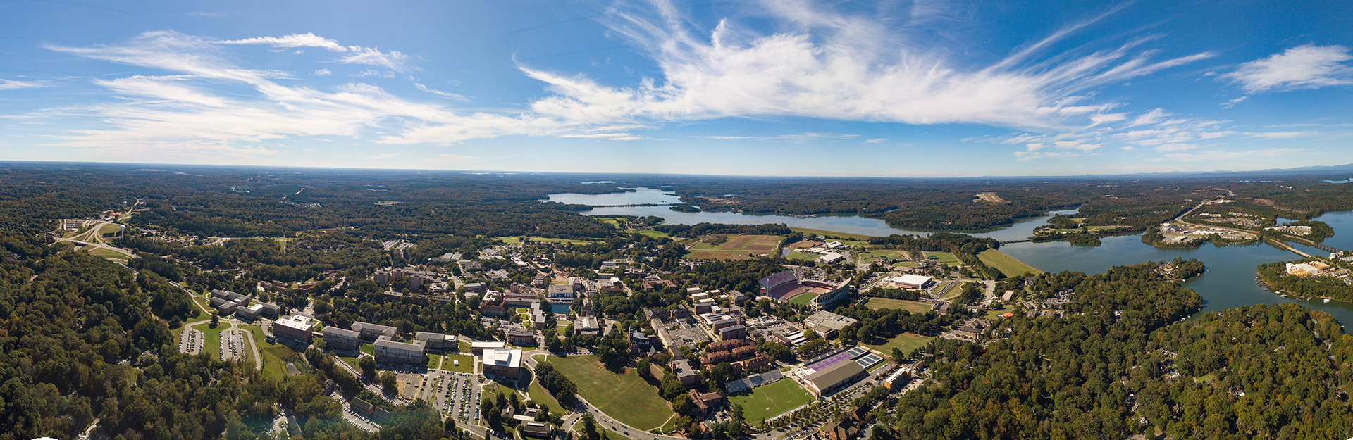 Aerial view of Clemson University campus and surrounding area.