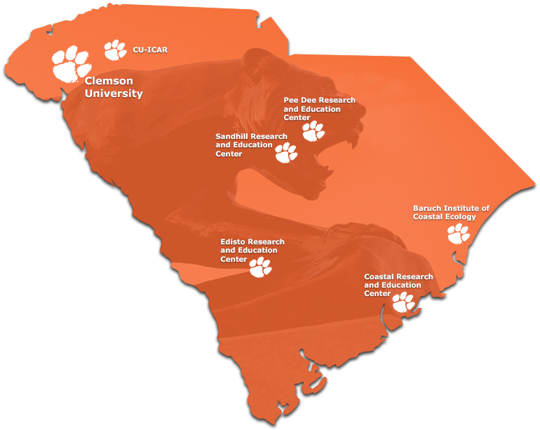 Map of South Carolina indicating the locations of Clemson University campus and Research and Education Centers throughout the state.