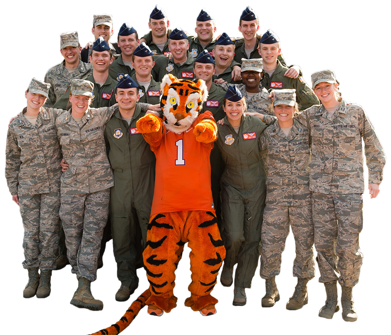 The Clemson Tiger surrounded by ROTC students