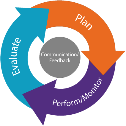 Performance management cycle showing the Plan, Perform/Monitor, and Evaluate stages