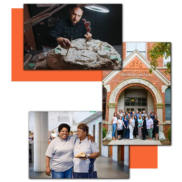 Collage of photos including artist at work, a team photo, and employees enjoying a meal.