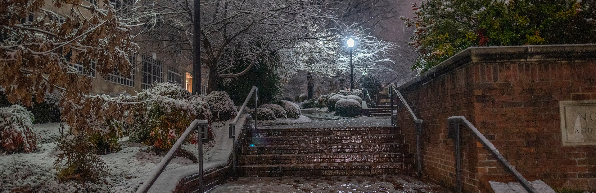 Snow and ice cover brick steps and trees with a street light in the background.