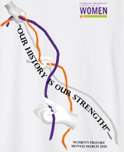 3 hands holding orange, purple and gray cords with the words "Our history is our strength" woven between them. 