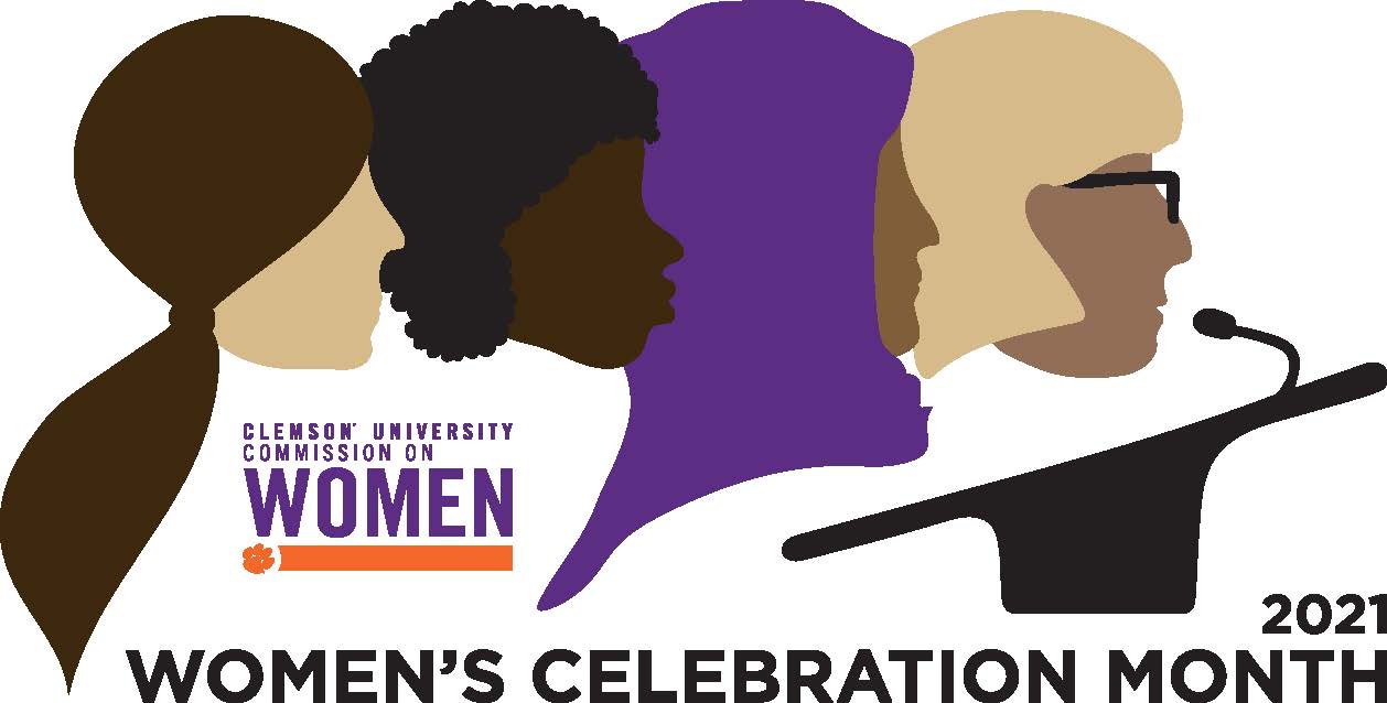 Drawing of four women’s heads from different ethnicities and cultures next to a podium includes text, “Women’s Celebration Month 2021.”