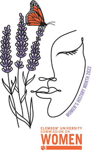 Line drawing of a woman's face next to a butterfly on a purple flower. 