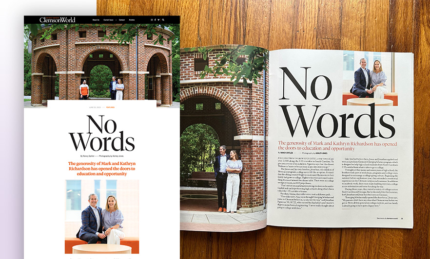 A spread of Clemson World magazine with the headline No Words.