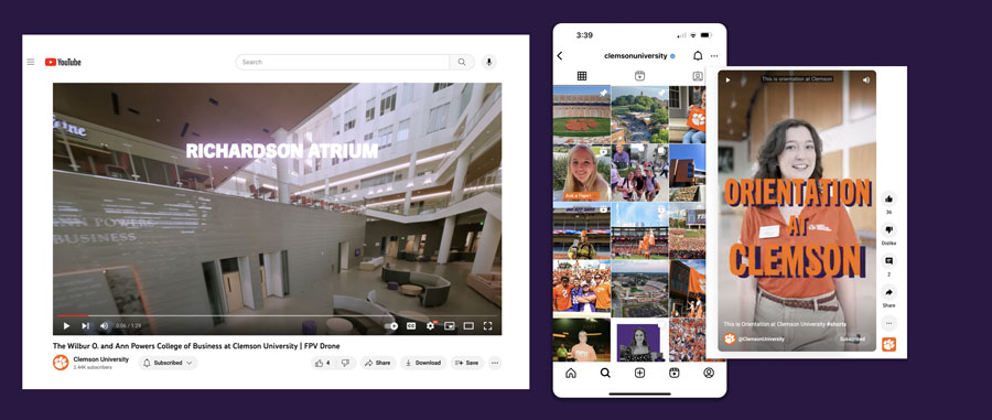 Screenshots of different content from Clemson University social media accounts including youtube, instagram photos, and an instagram reel