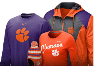 a sampling of Clemson collegiate apparel including hats, shirts, and sweatshirts