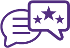 Purple and white line graphic of speech bubbles. 