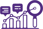 Purple and white line icon of a bar graph with a magnifying glass as the final bar.