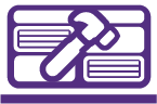 Purple and white line icon of a hammer and laptop.
