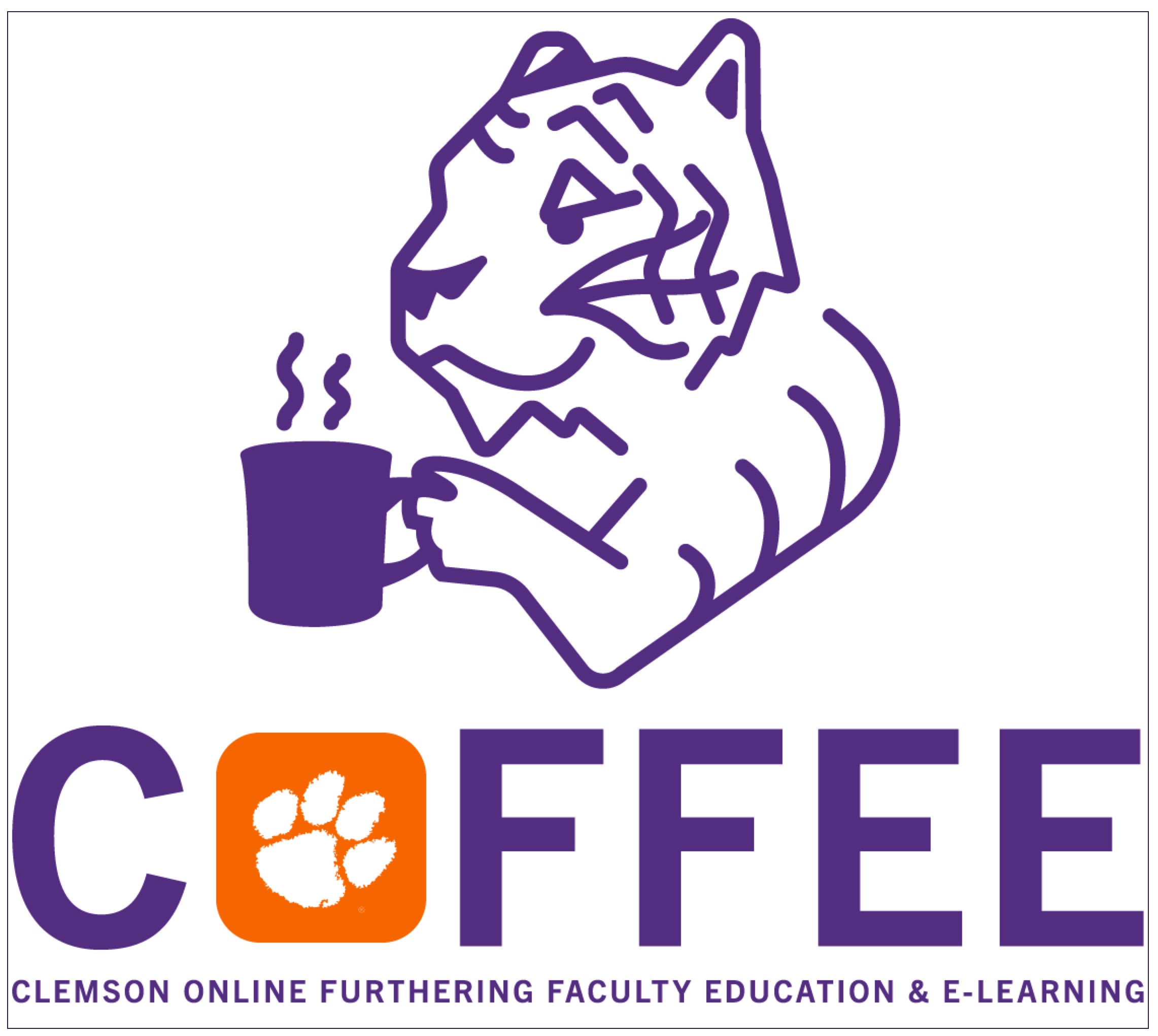 A purple and orange cartoon drawing of a tiger holding a hot cup of coffee; text at the bottom reads "COFFEE."