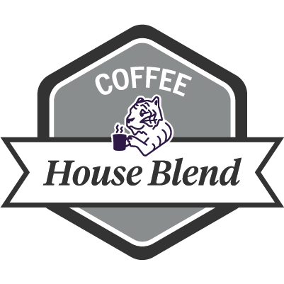 A cartoon drawing of a tiger holding a hot cup of coffee; a banner reads "COFFEE House Blend."