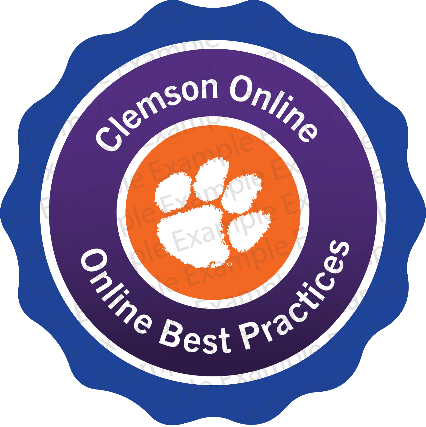 Orange, white, purple, and blue circular badge with text reading "Clemson Online" at the top and "Online Best Practices" at the bottom.