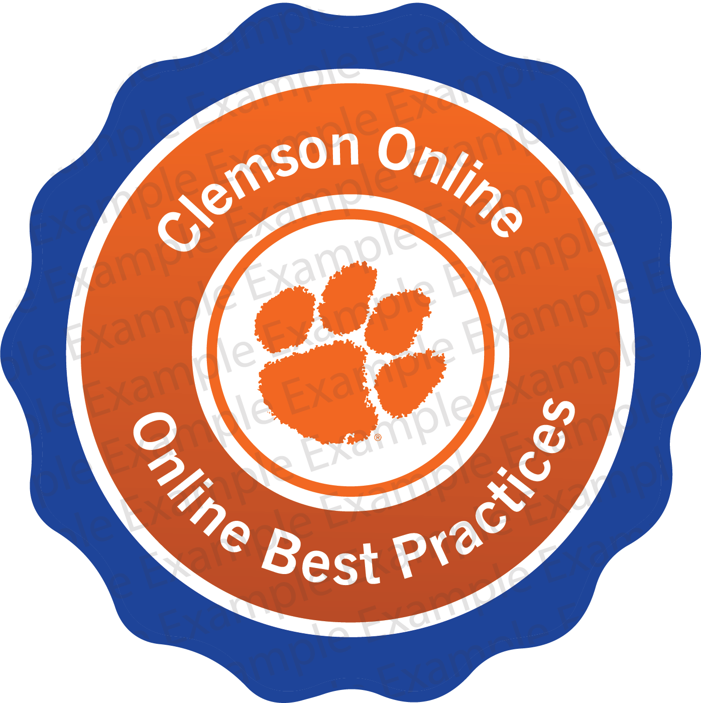 Orange, white, and blue circular badge with text reading "Clemson Online" at the top and "Online Best Practices" at the bottom.