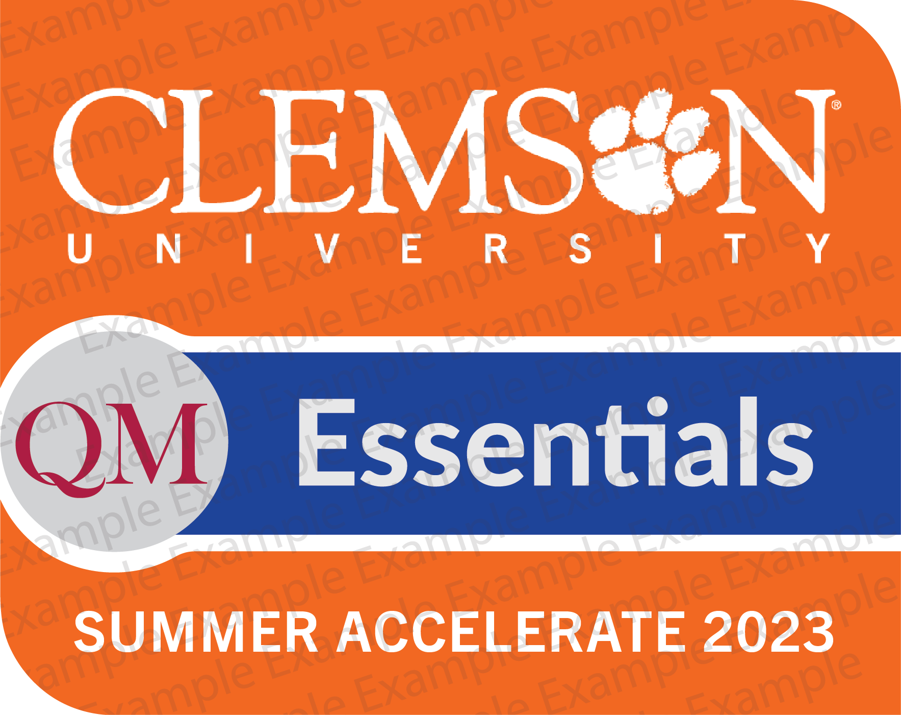 Orange square with rounded corners with text reading "Clemson University; QM Essentials; Summer Accelerate 2023."