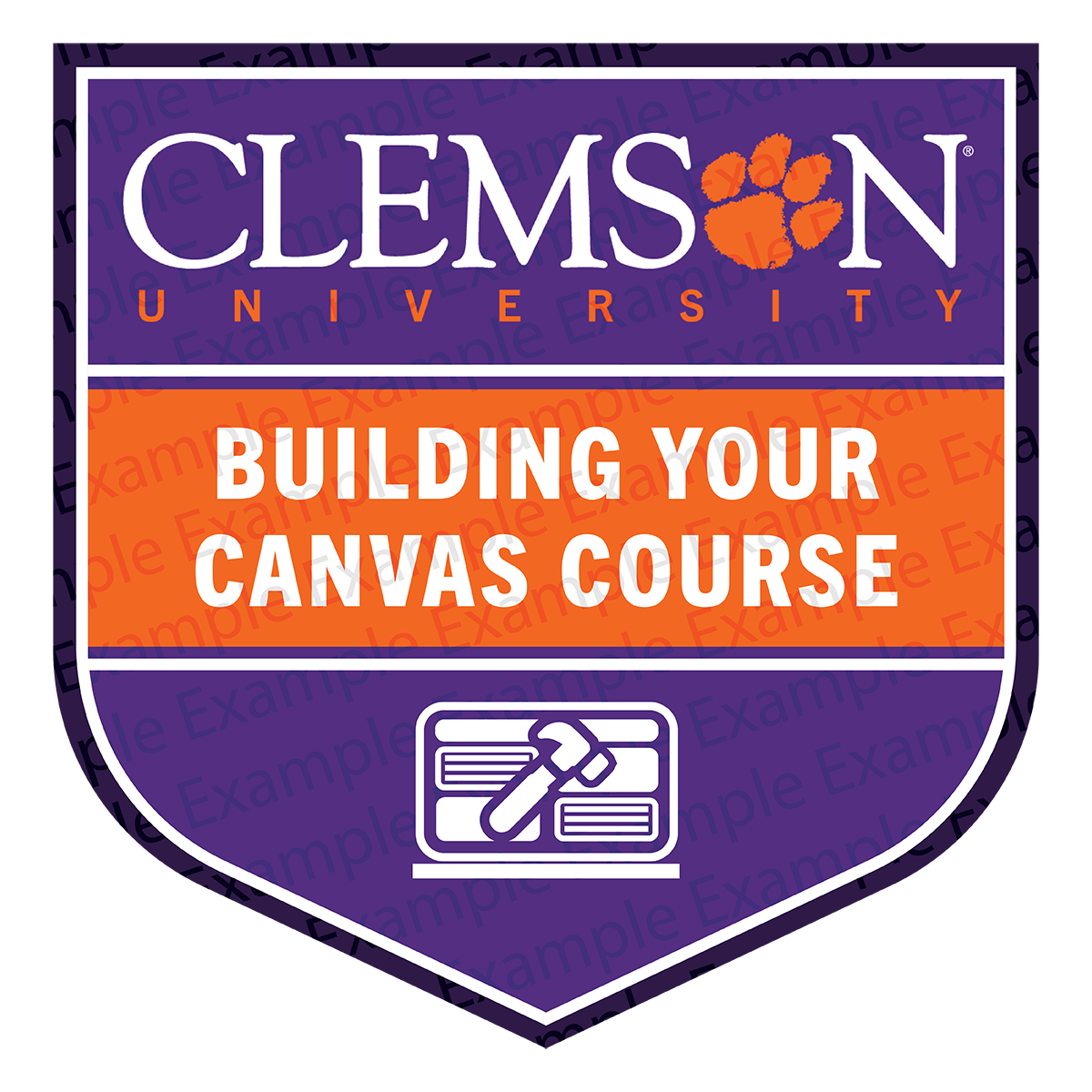 Purple and orange shield with the Clemson logo and text reading "Building Your Canvas Course."
