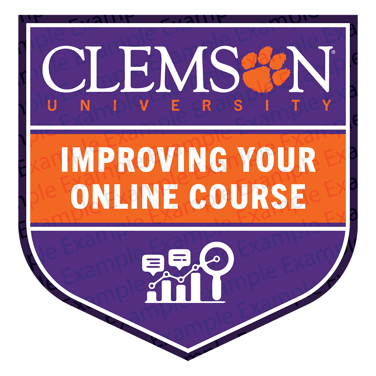 Purple and orange shield with the Clemson logo and text reading "Improving Your Online Course."