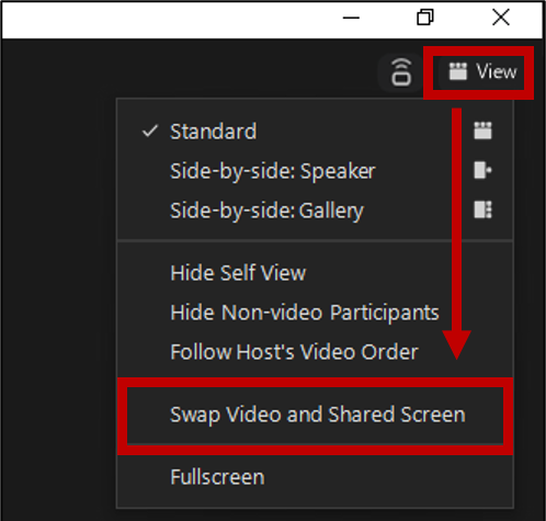 In the upper right of the main region the View menu is expanded and the Swap Video option is highlighted