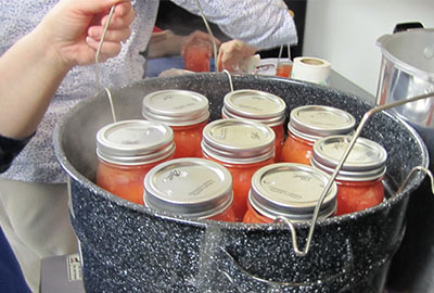 Canned fruits in heated water bath.