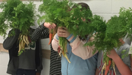 Children holding vegetables grown from school gardening course.