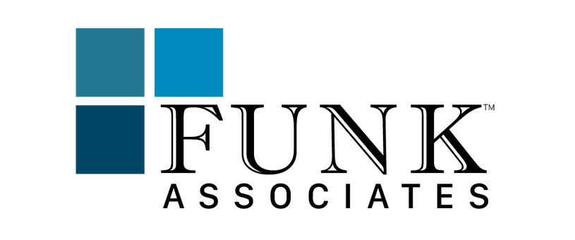 Funk Associates text with 3 squares on the top left in varying shades of blue which makes up the logo.