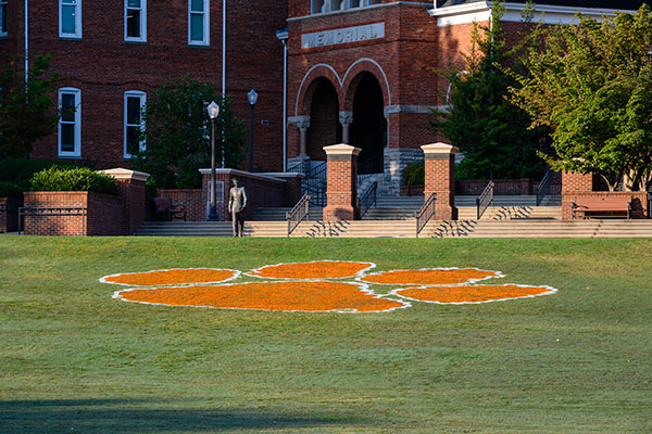 Clemson University logo painted on the lawn in front of Tillman.