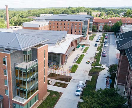 Aerial view of the street and buildings at Core Dining Hall on Clemson's campus.