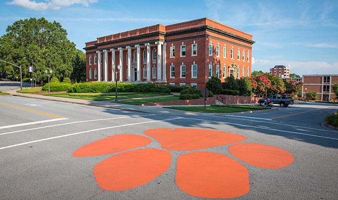 Tiger paw on the road in front of Sikes Hall
