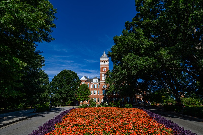 Clemson Campus buildings and flowerbed