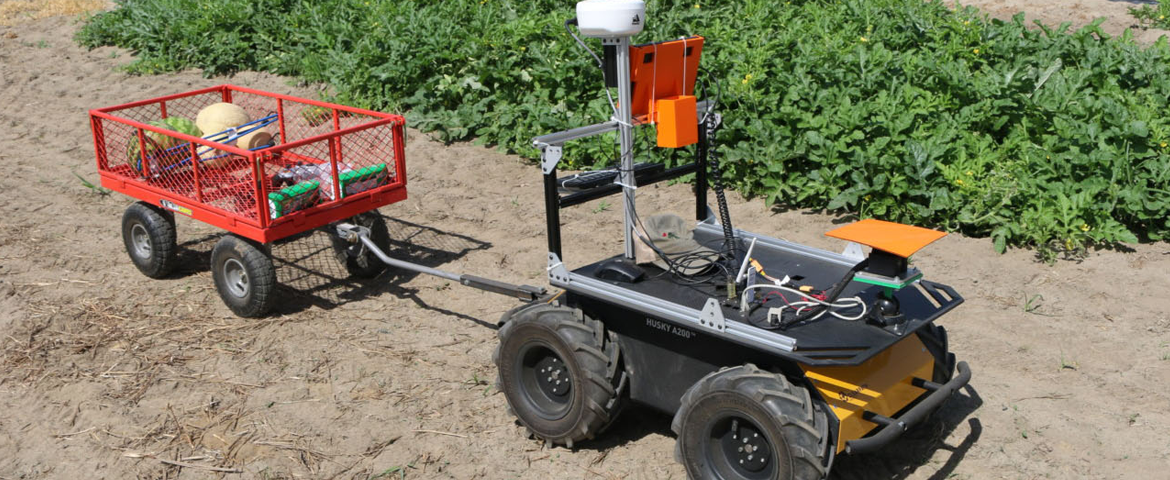 robot at the edge of soybean crop