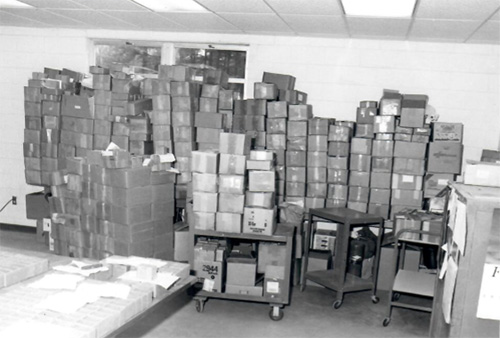 Stacked boxes containing samples at the ASL, circa 1980 
