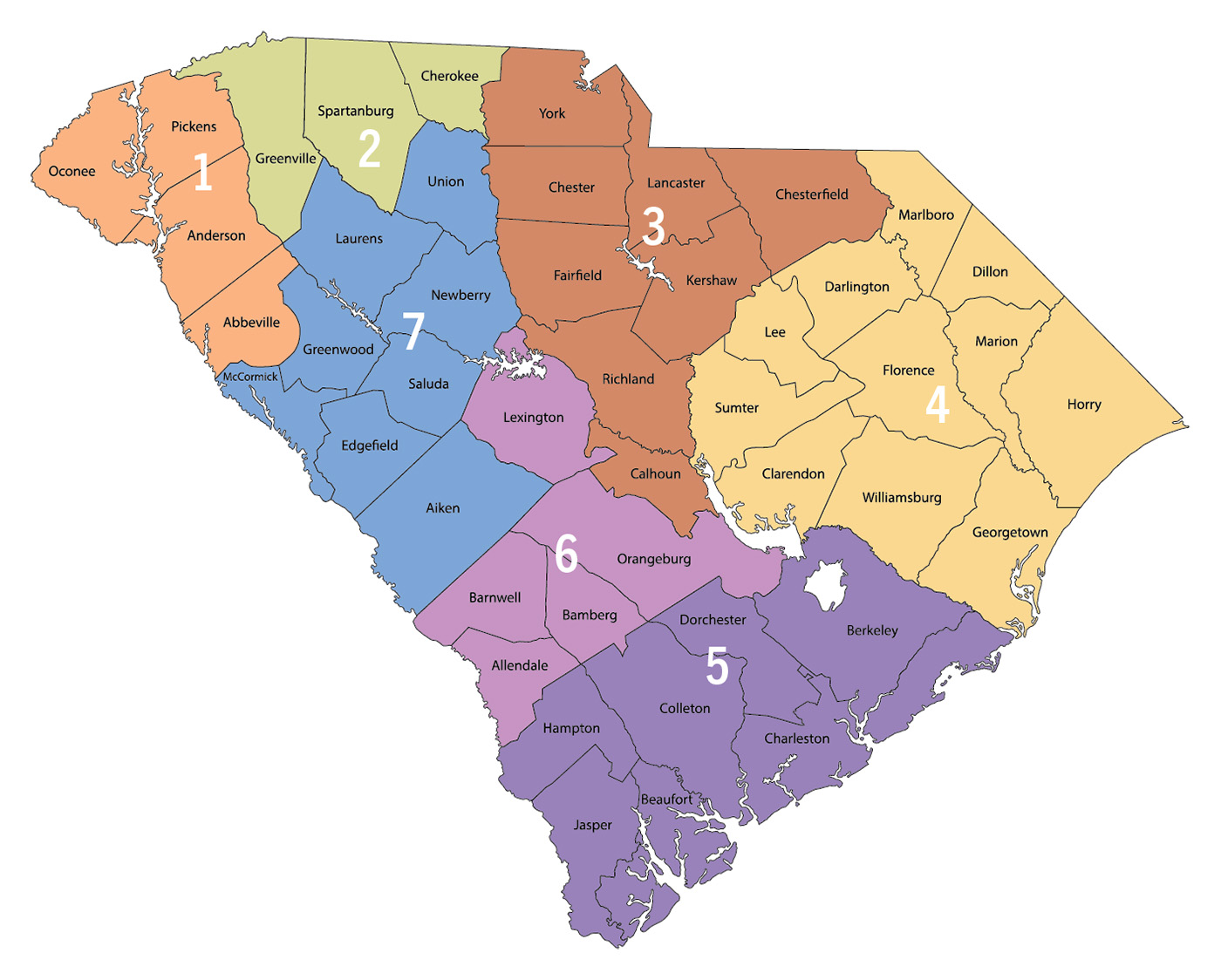 Plant Protection District Specialists Map of South Carolina with regions colored differently, regions defined in text with county responsibilities below each inspectors name. Kerrie Roach covers Abbeville, Anderson, Oconee, and Pickens counties. Ashley Vaughan covers Cherokee, Greenville, and Spartanburg counties. Jimmy Lisenby covers Calhoun, Chester, Chesterfield, Fairfield, Kershaw, Lancaster, Richland, and York counties. Alayna Hoover covers Clarendon, Darlington, Dillon, Florence, Georgetown, Horry, Lee, Marion, Marlboro, Sumter, and Williamsburg counties. Gus Elmore covers Beaufort, Berkeley, Charleston, Colleton, Dorchester, Hampton, and Jasper counties. Ted Zee covers Allendale, Bamberg, Barnwell, Lexington, and Orangeburg counties. Michael Franks covers Aiken, Edgefield, Greenwood, Laurens, McCormick, Newberry, Saluda, and Union counties.