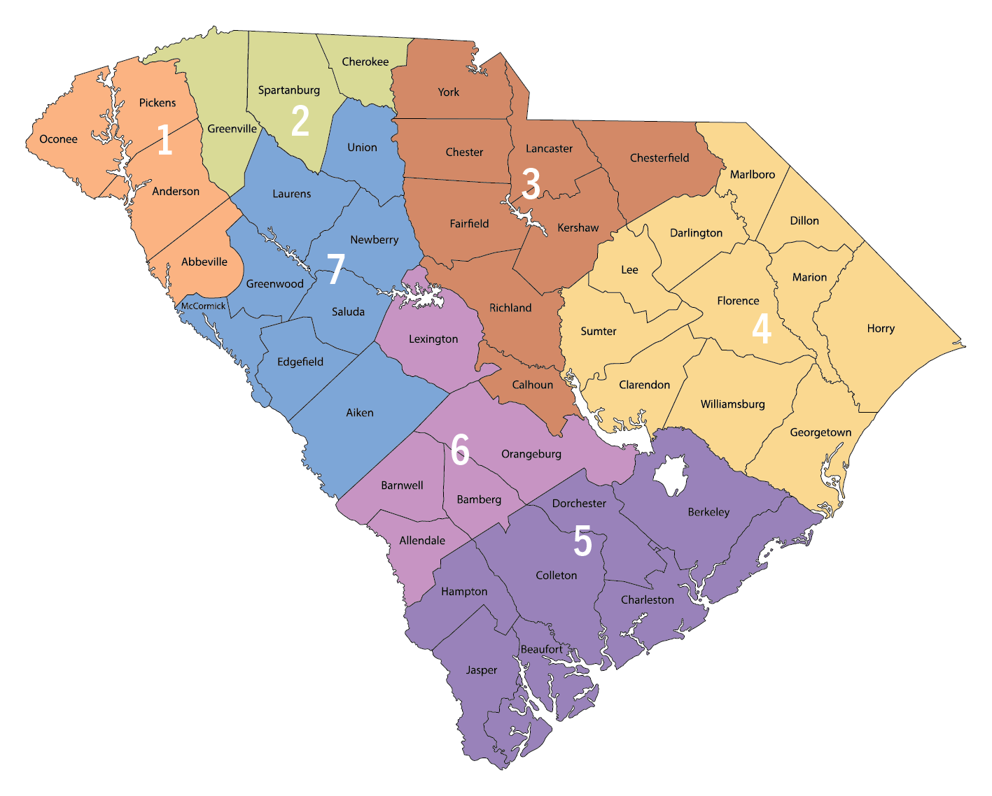 Plant Protection District Specialists Map of South Carolina with regions colored differently, regions defined in text with county responsibilities below each inspectors name.  Kerrie Roach covers Abbeville, Anderson, Oconee, and Pickens counties. Ashley Vaughan covers Cherokee, Greenville, and Spartanburg counties. Jimmy Lisenby covers Calhoun, Chester, Chesterfield, Fairfield, Kershaw, Lancaster, Richland, and York counties. Alayna Hoover covers Clarendon, Darlington, Dillon, Florence, Georgetown, Horry, Lee, Marion, Marlboro, Sumter,  and Williamsburg counties. Gus Elmore covers Beaufort, Berkeley, Charleston, Colleton, Dorchester, Hampton, and Jasper counties. Ted Zee covers Allendale, Bamberg, Barnwell, Lexington, and Orangeburg counties. Michael Franks covers Aiken, Edgefield, Greenwood, Laurens, McCormick, Newberry, Saluda, and Union counties.