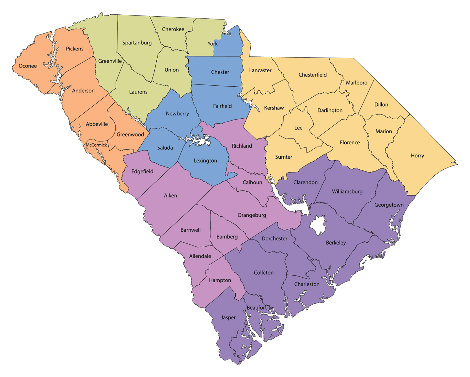 Plant Protection District Specialists Map of South Carolina with regions colored differently, regions defined in text with county responsibilities below each inspectors name.  Abbeville County is Eric Hitzler, Aiken County is Griffin Crider, Allendale County is Griffin Crider,  Anderson County is Eric Hitzler, Bamberg County is Griffin Crider, Barnwell County is Griffin Crider, Beaufort County is Harrison Browder, Berkeley County is Harrison Browder, Calhoun County is Griffin Crider, Charleston County is Harrison Browder, Cherokee County is Ashley Vaughan, Chester County is Ted Zee, Chesterfield County is Nickles Mirmow, Clarendon County is Harrison Browder, North Colleton County is Griffin Crider, South Colleton County is Harrison Browder, Darlington County is Nickles Mirmow, Dillon County is Nickles Mirmow, Dorchester County is Harrison Browder, Edgefield County is Griffin Cride, Fairfield County is Ted Zee, Florence County is Nickles Mirmow, Georgetown County is Harrison Browde, Greenville County is Ashely Vaughan, Greenwood County is Eric Hitzler, Hampton County is Griffin Crider, Horry County is Nickles Mirmow, Jasper County is Griffin Crider, Kershaw County is Nickles Mirmow, Lancaster County is Nickles Mirmow, Laurens County is Ashley Vaughan, Lee County is Nickles Mirmow, Lexington County is Ted Zee, Marion County is Nickles Mirmow, Marlboro County is Nickles Mirmow, McCormick County is Eric Hitzler, Newberry County is Ted Zee, Oconee County is Eric Hitzler, Orangeburg County is Griffin Crider, Pickens County is Eric Hitzler, Richland County is Ted Zee, Saluda County is Ted Zee, Spartanburg County is Ashley Vaughan, Sumter County is Nickles Mirmow, Union County is Ashley Vaughan, Williamsburg County is Harrison Browder, York County is Ted Zee.