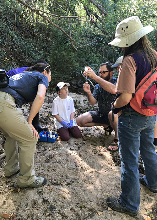 Volunteers work with CWE staff to measure Dissolved Oxygen