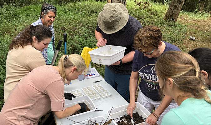 Trainer Sharon and a group of people standing around a table looking for macroinvertebrates in sample tubs.