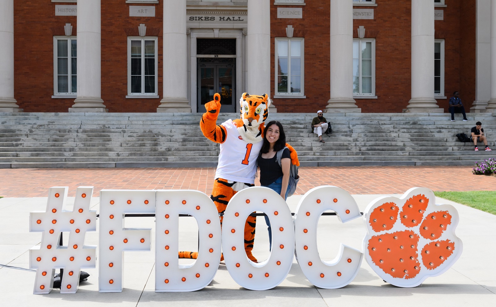 First day of class at Clemson with Tiger Mascot