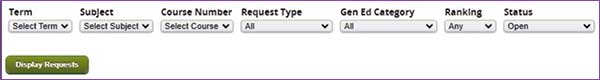 Filter options via a series of drop down lists for admin working with student requests.