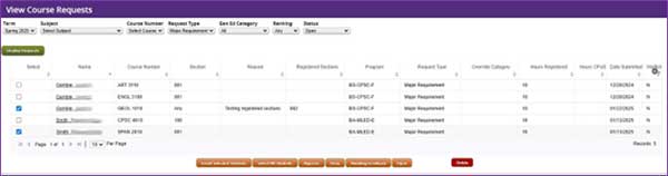 When selecting multiple requests, no additional student detail displays and any action button applies to all selected requests.