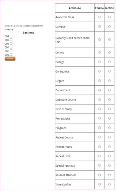 Table of all available override options in Banner.